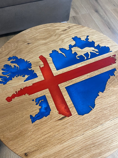 Epoxid Beistelltisch „Islandflagge“, blau rot 01 mit leichtem weißen Schimmer