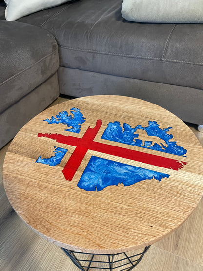 Epoxid Beistelltisch „Islandflagge“, blau weiß rot 01