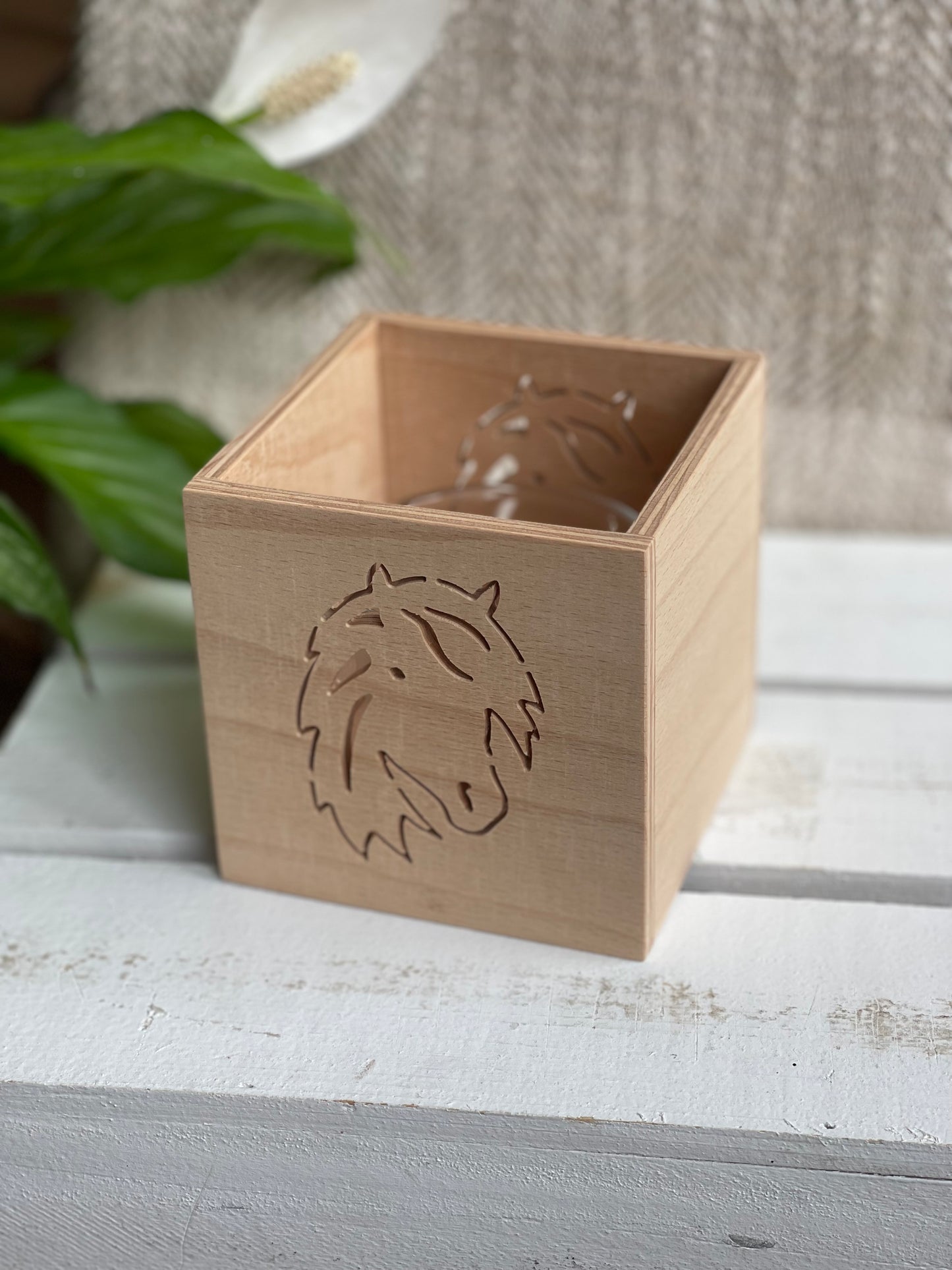 Windlicht aus Holz mit Wunschmotiv