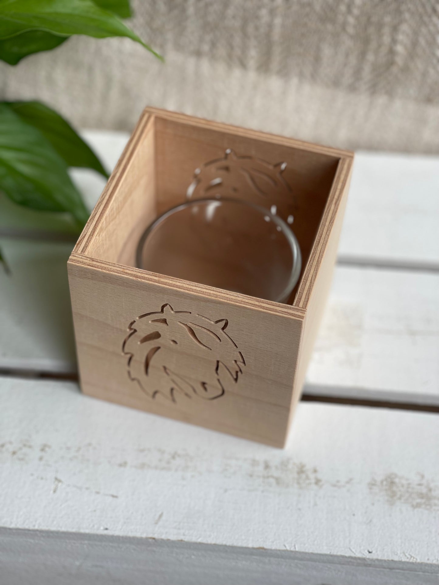 Windlicht aus Holz mit Wunschmotiv