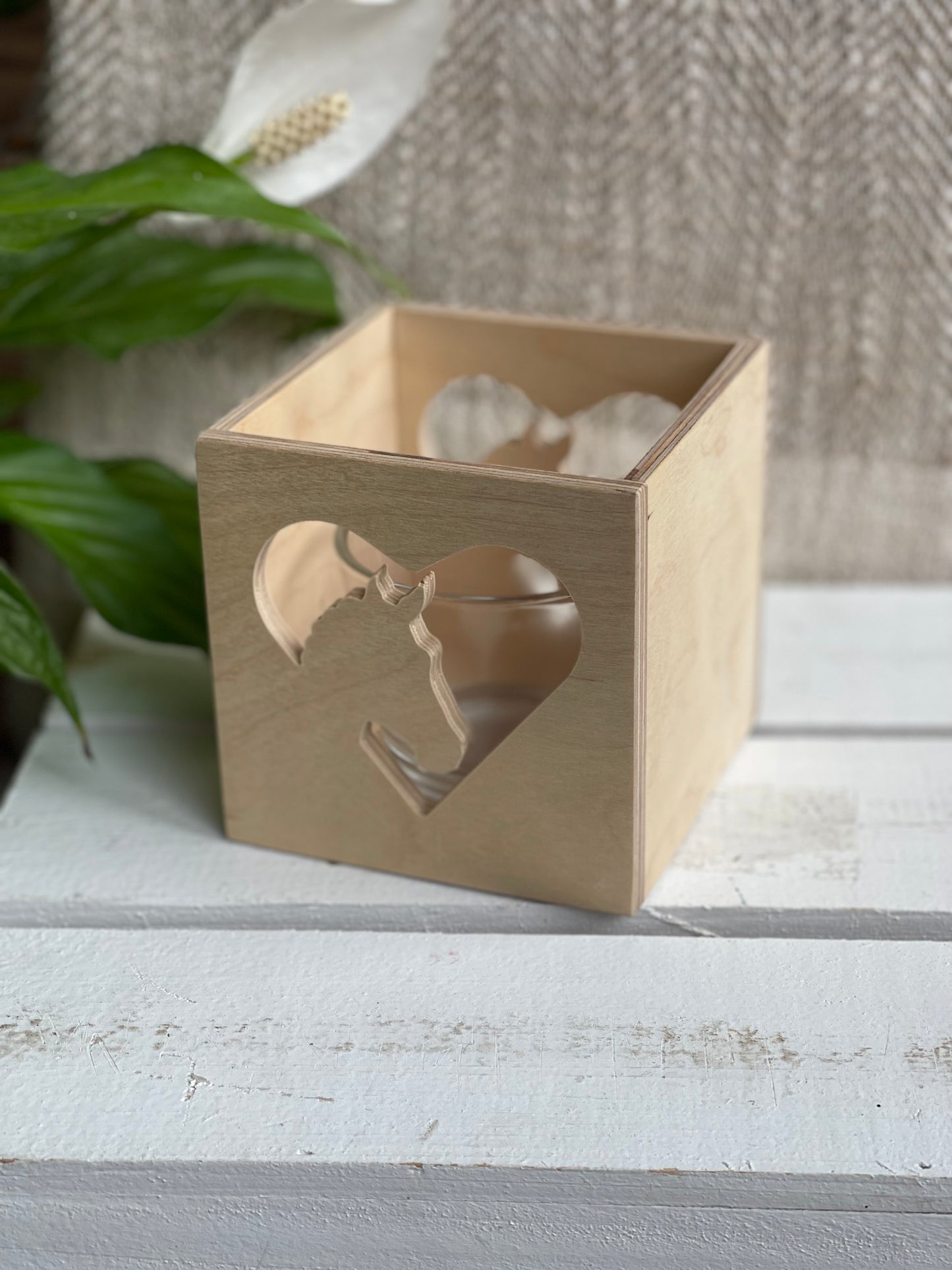 Windlicht aus Holz mit Wunschmotiv