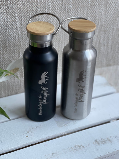 Isolierflasche aus Edelstahl mit Bambusdeckel "Mein Leben ist ein Ponykopf"