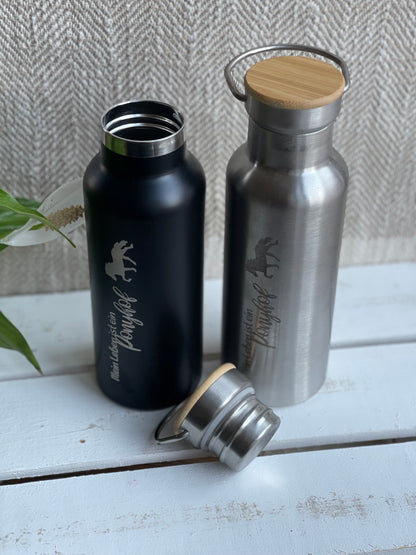 Isolierflasche aus Edelstahl mit Bambusdeckel "Mein Leben ist ein Ponykopf"