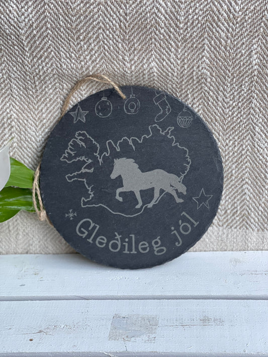 Schieferschild "Gledileg jól" mit Tölter, rund